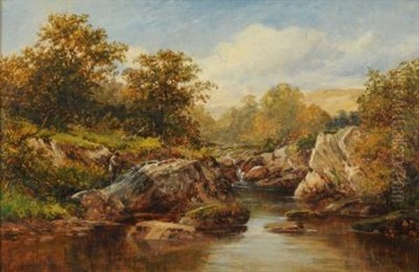 In The Lledr Valley, Fisherman At A Pool Oil Painting by David Bates