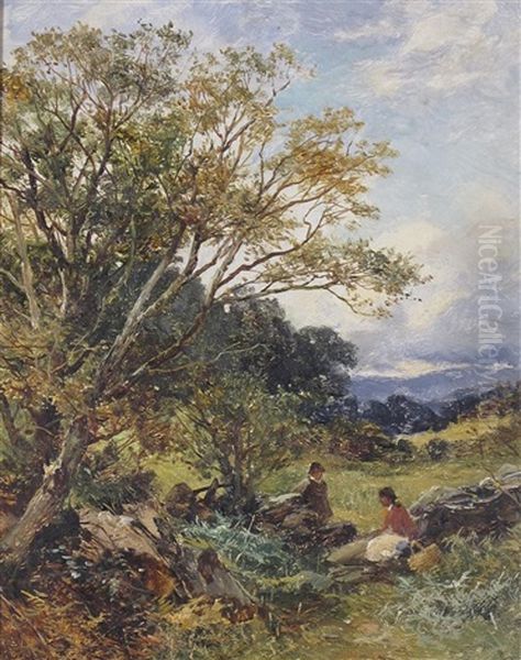 Rustics At Rest By A Stone Wall Oil Painting by David Bates