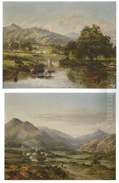 Mount Elbury, With Figure And Dog On Lane, And Mount Elbury, With Cattle Watering In A River (2 Works) Oil Painting by David Bates