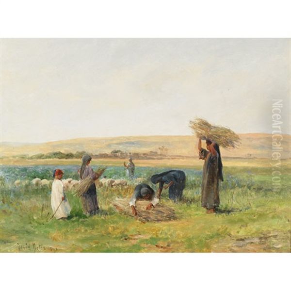 Girls Gathering Lupin Stalks (+ Shepherd And Flock In Lupin Pasture; Pair) Oil Painting by David Bates