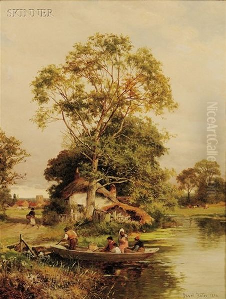 River Landscape (+ A Ferry Near Tewkesbury; 2 Works) Oil Painting by David Bates