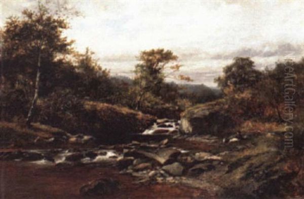 Highland Stream With Figure And Dog Oil Painting by David Bates