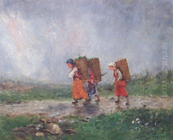 Returning From The Fields, Switzerland Oil Painting by David Bates