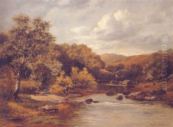 A Man Fishing On The Pont-y-gyfing In Capel Curig Oil Painting by David Bates