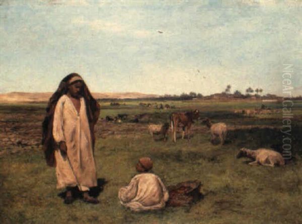 Boys Minding Cattle In The Fields, Egypt Oil Painting by David Bates