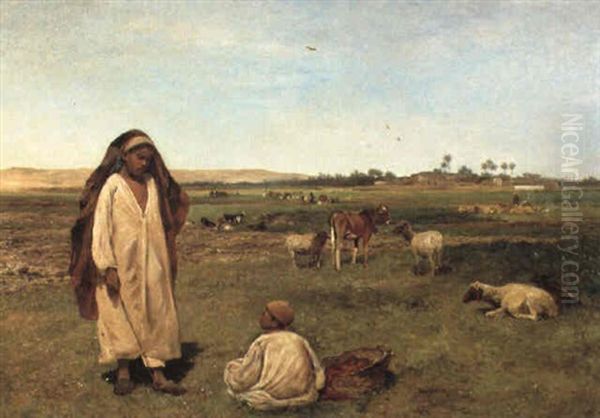 Young Arabs Minding Cattle In The Fields, Egypt Oil Painting by David Bates