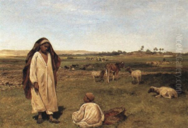 Boys Minding Cattle In The Fields, Egypt Oil Painting by David Bates