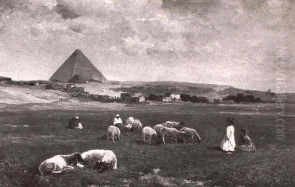 Arab Children Guarding Sheep, A Pyramid And Buildings       Beyond Oil Painting by David Bates