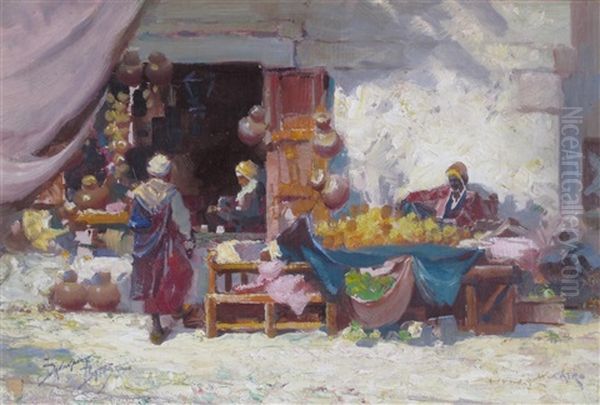 Shopping In Cairo Oil Painting by Frederick-Davenport Bates