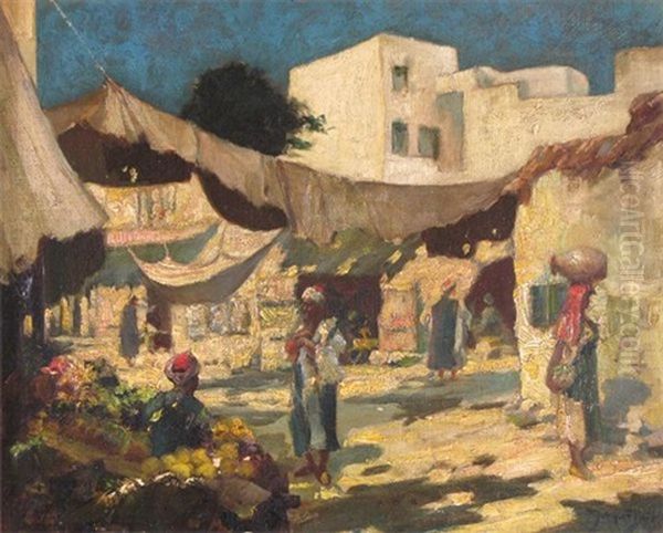 North African Market Scene Oil Painting by Frederick-Davenport Bates