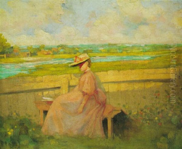 Young Girl Seated On A Garden Bench Oil Painting by Frederick-Davenport Bates