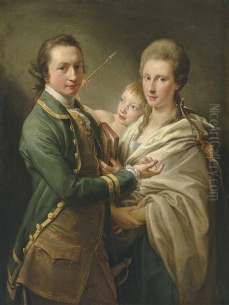 Group Portrait Of The Hon. Arthur Saunders Gore, Viscount Sudley, Later 2nd Earl Of Arran (1734-1809), And His Wife Catherine, Nee Annesley (1739-1770), With Their Son (?), Arthur Saunders Gore, Later 3rd Earl Of Arran (1761-1837), As Cupid, Three-quarter Oil Painting by Pompeo Girolamo Batoni