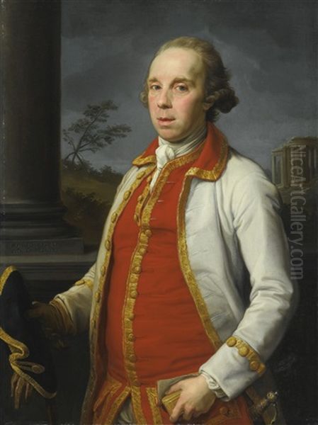 Portrait Of Robert Udny (1722-1802), Half Length, Before A Parapet, The Temple Of The Sybil At Tivoli Beyond Oil Painting by Pompeo Girolamo Batoni