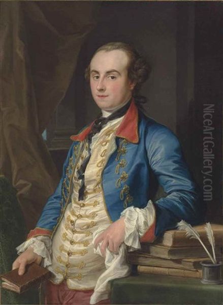 Portrait Of Edward Solly, In A Blue Frock Coat With A Red And Collar And Cuffs And Gold Brocade Details, And A White Silk Waistcoat, Leaning On A Stack Of Books Oil Painting by Pompeo Girolamo Batoni