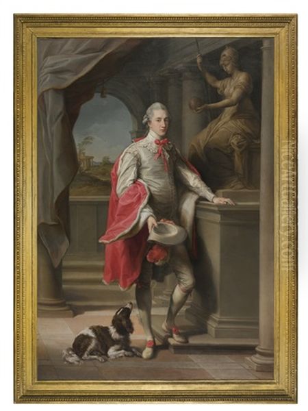 Portrait Of John, 3rd Baron Monson Of Burton (1753-1806), With A Statue Of Roma Behind And A Spaniel At His Feet Oil Painting by Pompeo Girolamo Batoni