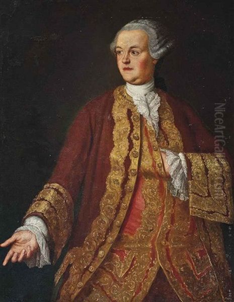 Portrait Of A Gentleman In A Red Coat And Waistcoat With Gold Brocade Oil Painting by Pompeo Girolamo Batoni