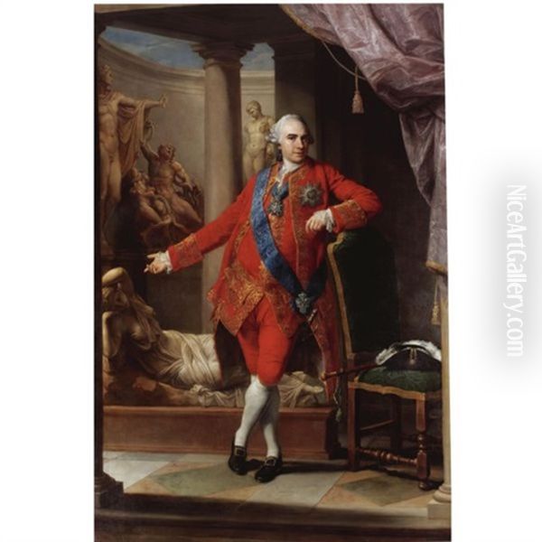 Portrait Of Count Kirill Grigorjewitsch Razumovsky, In A Scarlet Suit, Wearing The Star, Sash And Badge Of The Order Of Saint Andrew And On His Breast The Polish Order Of The White Eagle, Standing Wit Oil Painting by Pompeo Girolamo Batoni