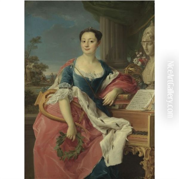 Portrait Of The Principessa Giacinta Orsini Buoncompagni Ludovisi, Duchessa D'arce, Wearing A Blue Dress And Pink Ermine-lined Cloak, Holding A Laurel Wreath And A Lyre, Leaning On A Pile Of Books On Oil Painting by Pompeo Girolamo Batoni