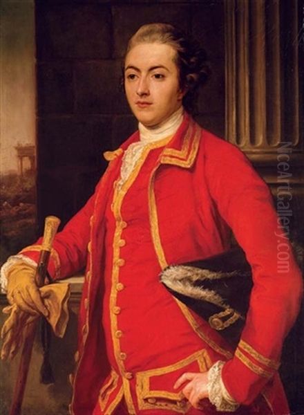 Portrait Of A Gentleman (john Sadler ?), In A Red Coat, Holding A Cane And Glove In His Right Hand, A Tricorn Hat Under His Left Arm, A Landscape Beyond Oil Painting by Pompeo Girolamo Batoni