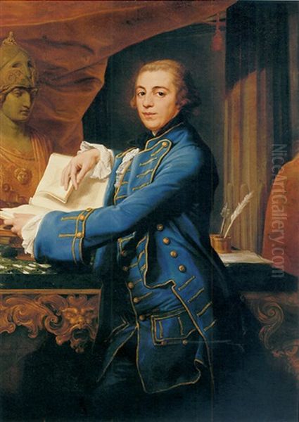 Portrait Of John Crewe In A Gold-embroidered Blue Coat And Waistcoat, Holding A Book, By A Marble-topped Table With A Bust Of Minerva, In An Interior Oil Painting by Pompeo Girolamo Batoni