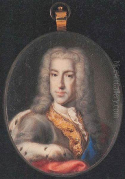 Portrait Of Prince James Francis Edward Stuart, The Old Pretender, Wearing Grey Coat, Ermine-lined Scarlet Cloak, Blue Sash Of The Garter, And Powdered Wig Oil Painting by Pompeo Girolamo Batoni