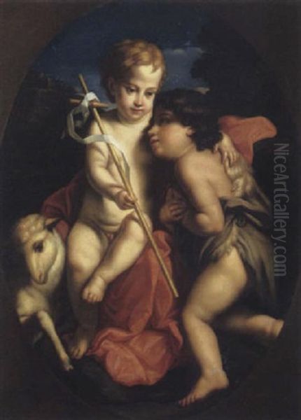 Gesu Bambino E San Giovannino In Paesaggio Oil Painting by Pompeo Girolamo Batoni