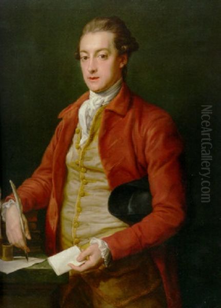 Portrait Of Hon. Lionel Damer In A Red Coat, With A Grey Vest And A White Cravat, Holding A Letter And A Quill Pen by Pompeo Girolamo Batoni