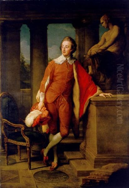 Portrait Of Anthony Ashley-cooper, 5th Earl Of Shaftesbury In Masquerade Van Dyck Dress, An Orange Coat And Breeches With A Red Fur-lined Cloak, Holding An Orange Hat With Red And White Oil Painting by Pompeo Girolamo Batoni