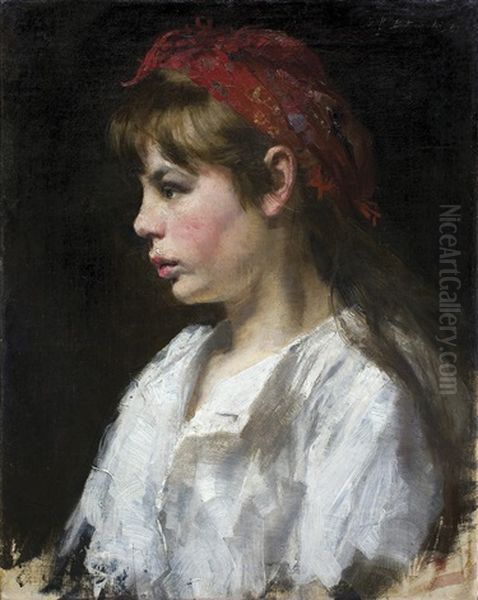 Little Girl In A Red Scarf Oil Painting by Stanislaw Batowski-Kaczor