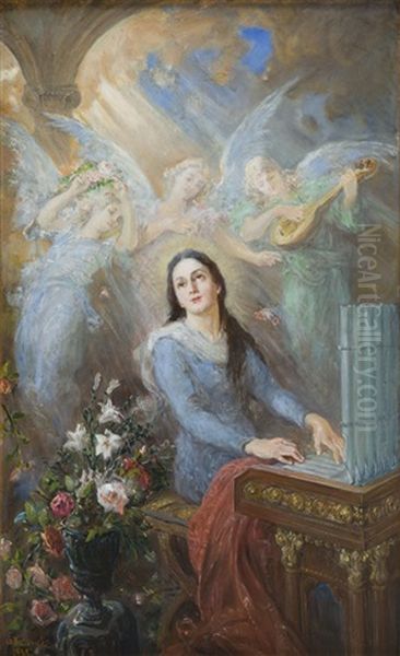 St. Cecilia Playing On The Church Organ Oil Painting by Stanislaw Batowski-Kaczor