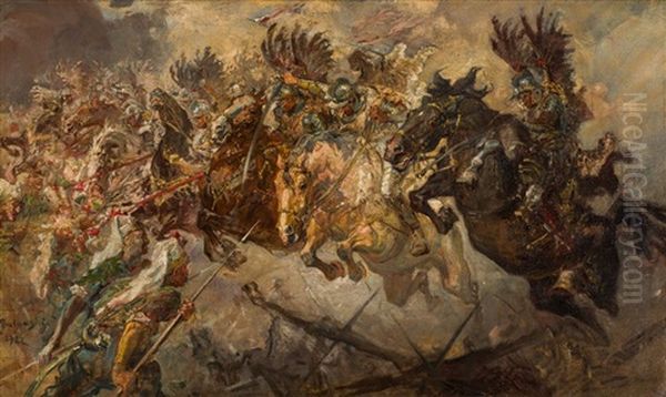 Szarza Husarii Na Piechote Turecka Oil Painting by Stanislaw Batowski-Kaczor