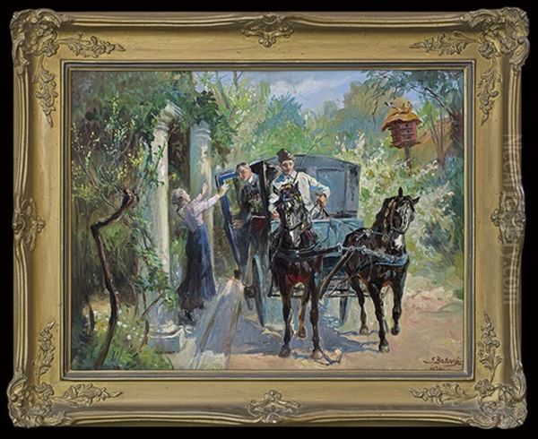 Arrival Of An Expected Guest Oil Painting by Stanislaw Batowski-Kaczor