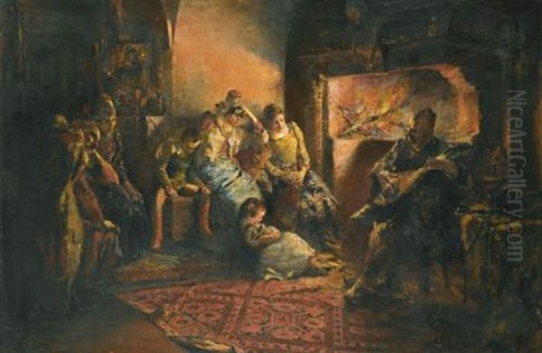 In Front Of The Fire Oil Painting by Stanislaw Batowski-Kaczor