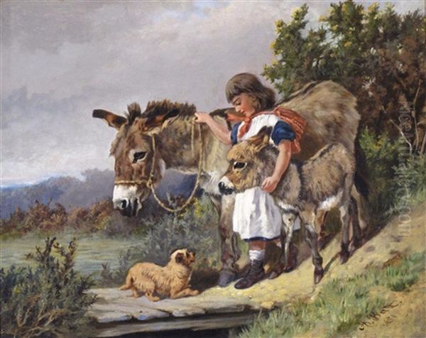 A Girl With Donkeys And A Dog Oil Painting by Arthur Batt