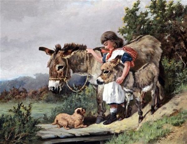 Girl With Donkey, Foal And A Terrier Oil Painting by Arthur Batt