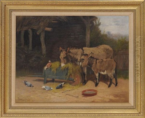 Donkeys And Pigeons Share Hay Oil Painting by Arthur Batt