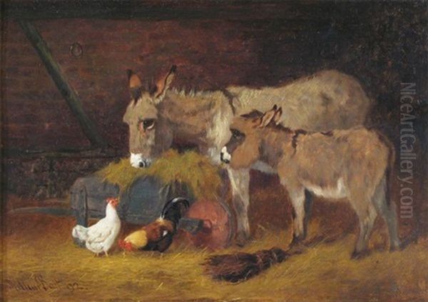 Donkeys And Chickens In A Stable Oil Painting by Arthur Batt