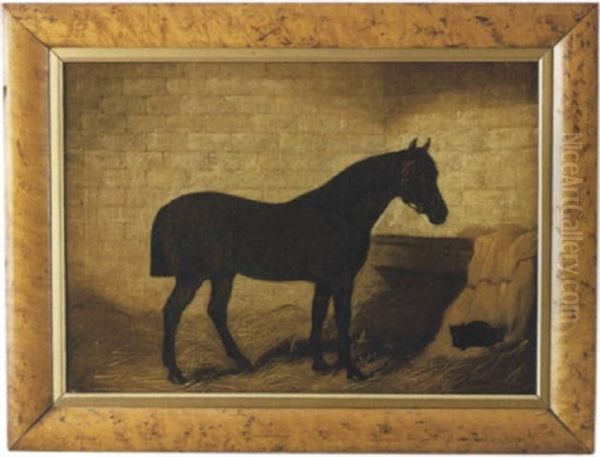 Portrait Of A Horse In His Stall With Black Cat Nestled In The Hay Beside Him Oil Painting by Arthur Batt