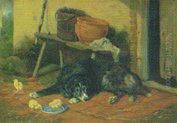 Gardsinterior Med Vilande Hund Och Kycklingar Oil Painting by Arthur Batt