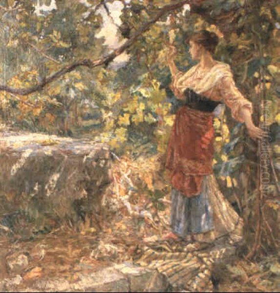 Italian Girl Waiting In The Woods Oil Painting by Alessandro Battaglia