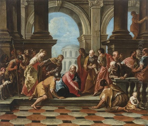 Jesus And The Woman Taken In Adultery Oil Painting by Francesco Battaglioli