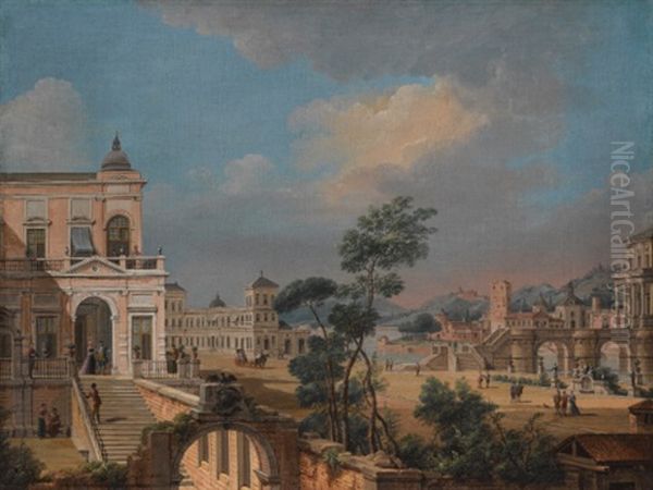 A Capriccio View Of A Riverside Town With Elegant Figures Strolling Oil Painting by Francesco Battaglioli