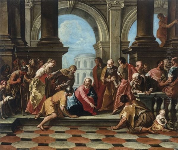 Christ And The Woman Taken In Adultery Oil Painting by Francesco Battaglioli