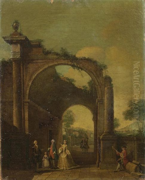 Figures Among Classical Ruins Oil Painting by Francesco Battaglioli