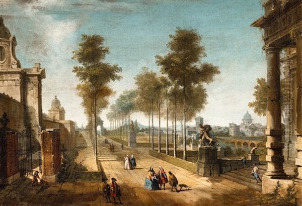 A Tree Lined Avenue With Figures Oil Painting by Francesco Battaglioli