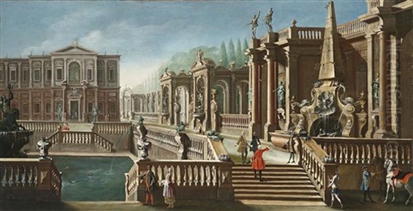 Blick Auf Eine Villa Mit Brunnen, Garten Und Eleganten Figuren Oil Painting by Francesco Battaglioli