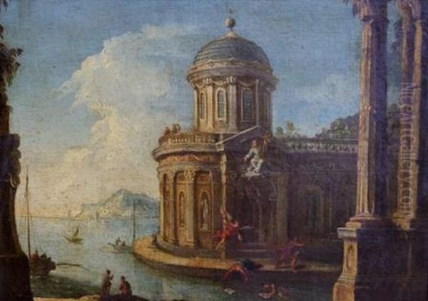 Palais Classique Et Ruines Antiques Au Bord D'un Rivage Mediterraneen Oil Painting by Francesco Battaglioli