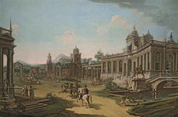 Capriccio Of A Palace Complex With A Horse-drawn Carriage And Cavalry In Eastern Dress, Mountains Beyond Oil Painting by Francesco Battaglioli