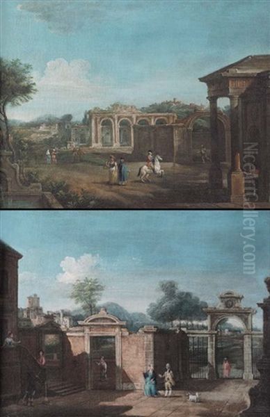 Paesaggio Con Cortile Di Villa E Figure (+ Paesaggio Con Ruderi E Figure; Pair) Oil Painting by Francesco Battaglioli