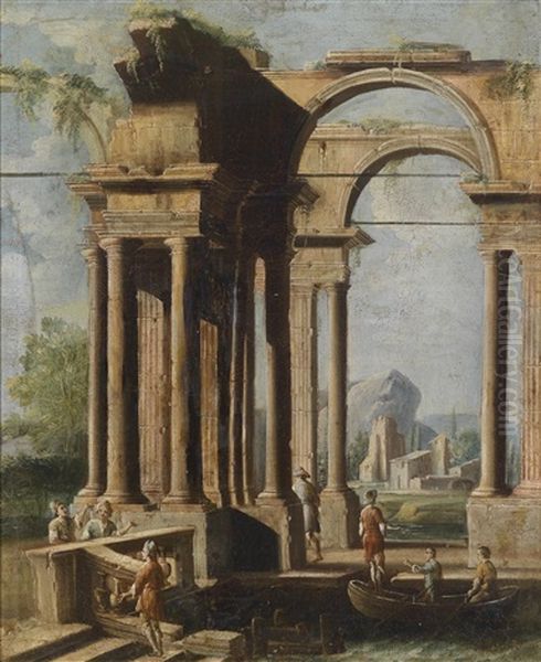 Ruinencapriccio Mit Figurlicher Staffage Oil Painting by Francesco Battaglioli